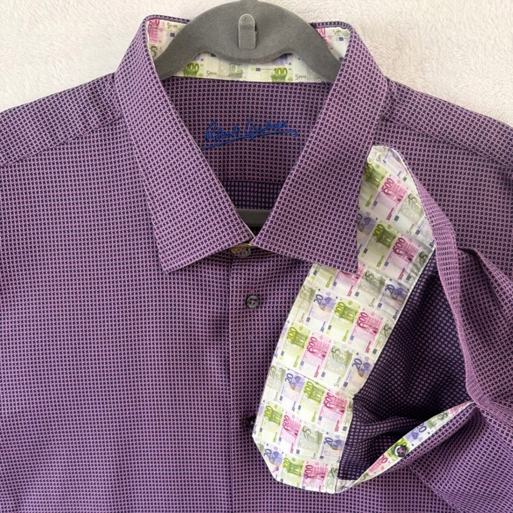 Robert Graham Purple Geometric Button Down Shirt 3XL Big Euro Money Trim Cotton
